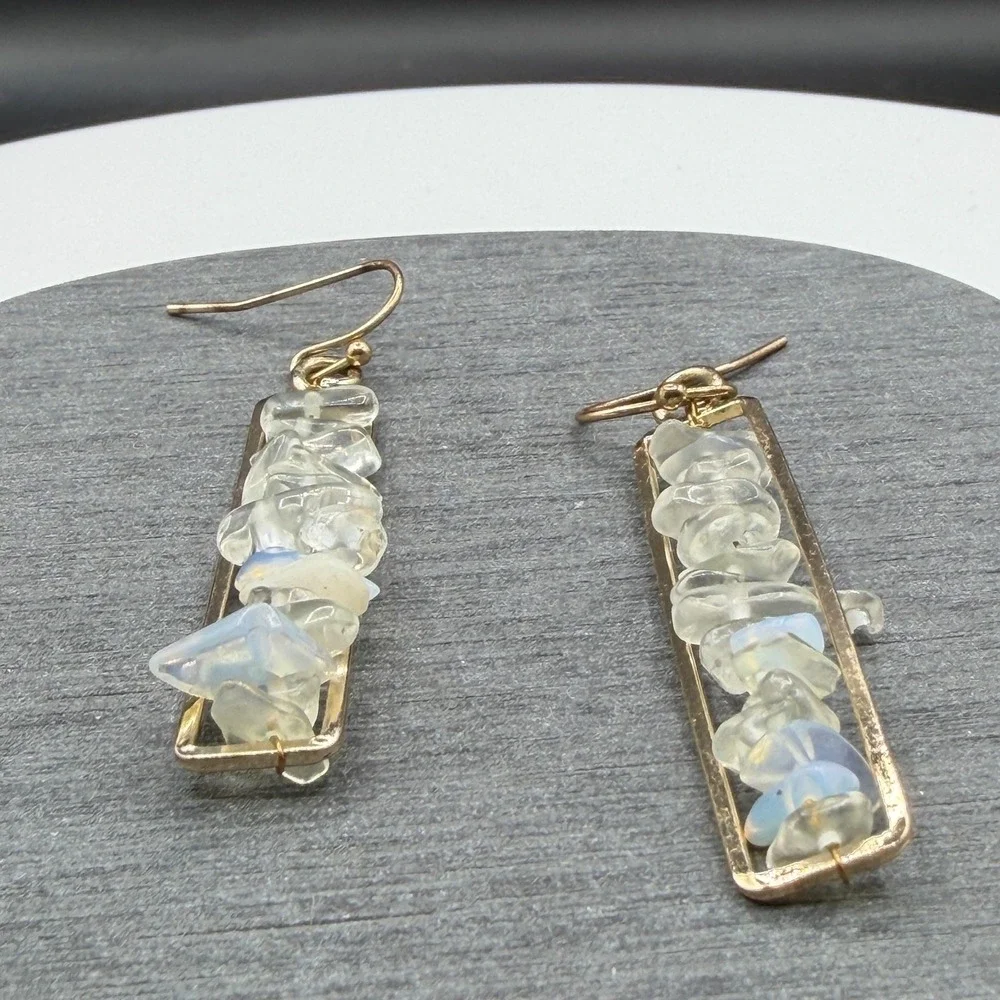 Gold Tone Clear Crystal Iridescent Chip Bar Drop Earrings Boho Statement Gift